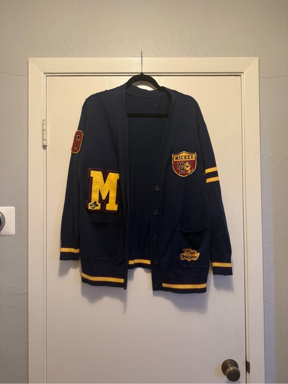 Disney Mickey Mouse Women's Navy and Yellow Varsity Cardigan Jacket - Picture 2 of 7